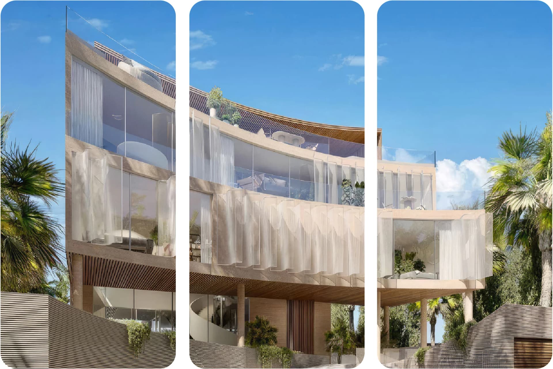 الواجهة الخارجية للفيلا الفاخرة مع أشجار النخيل وتصميم مذهل