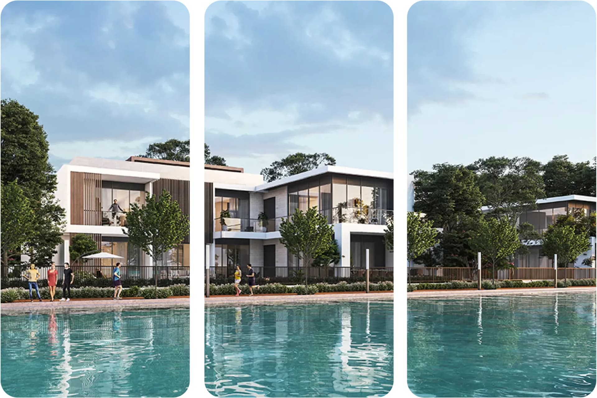 Lush beachfront with people enjoying the sunny day