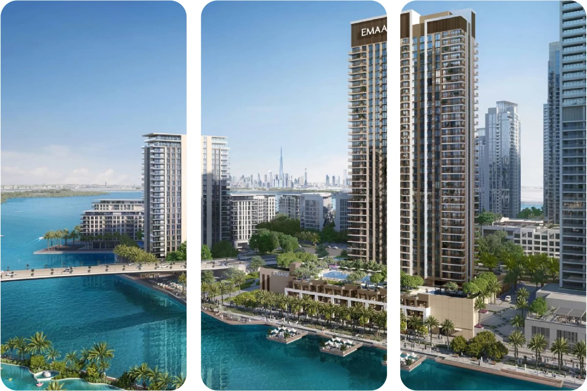 مبنى طويل مع برج، ونخيل، وسماء زرقاء في الأعلى.