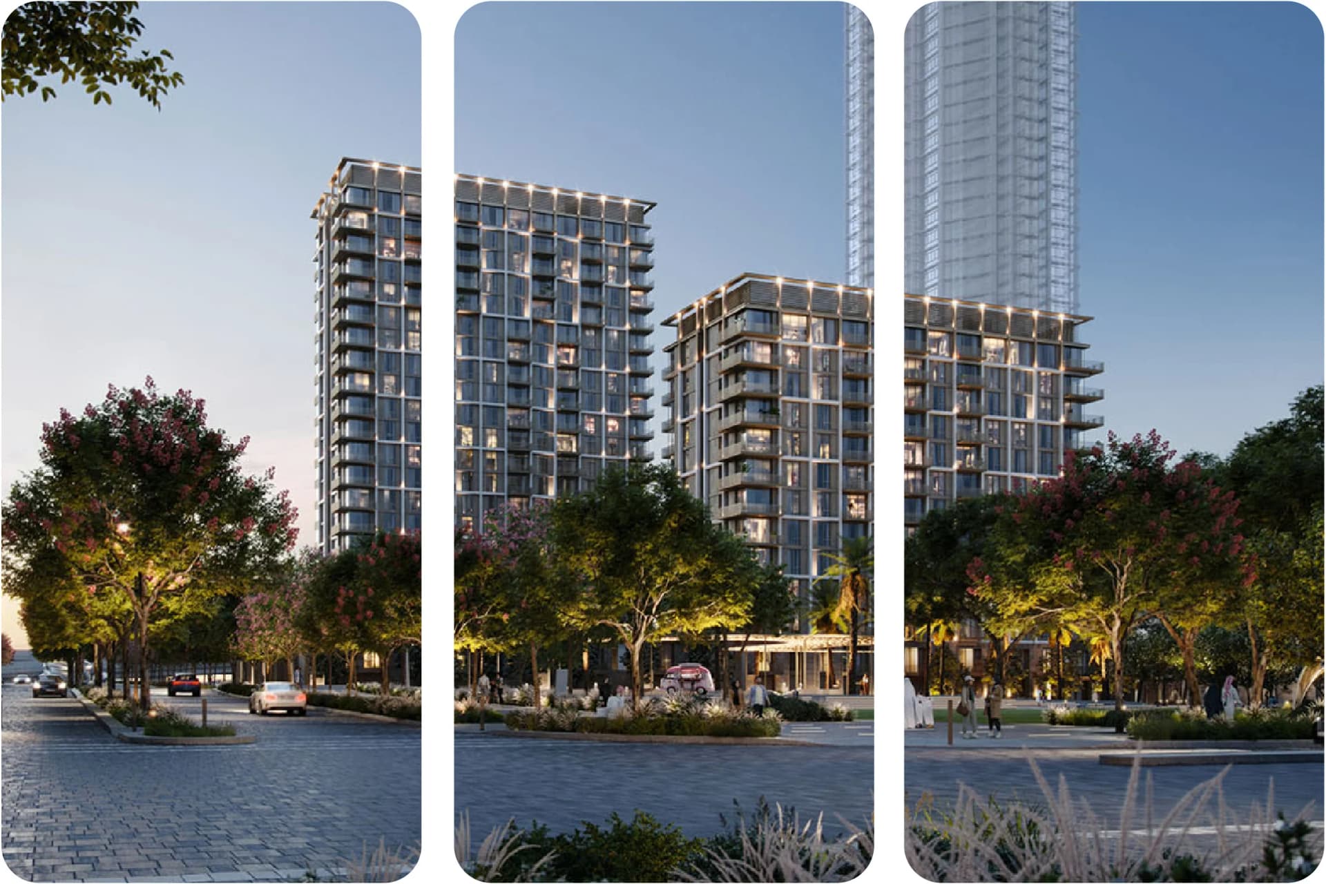 مبنى على الواجهة البحرية عند الغسق. قوارب راسية بالقرب منه