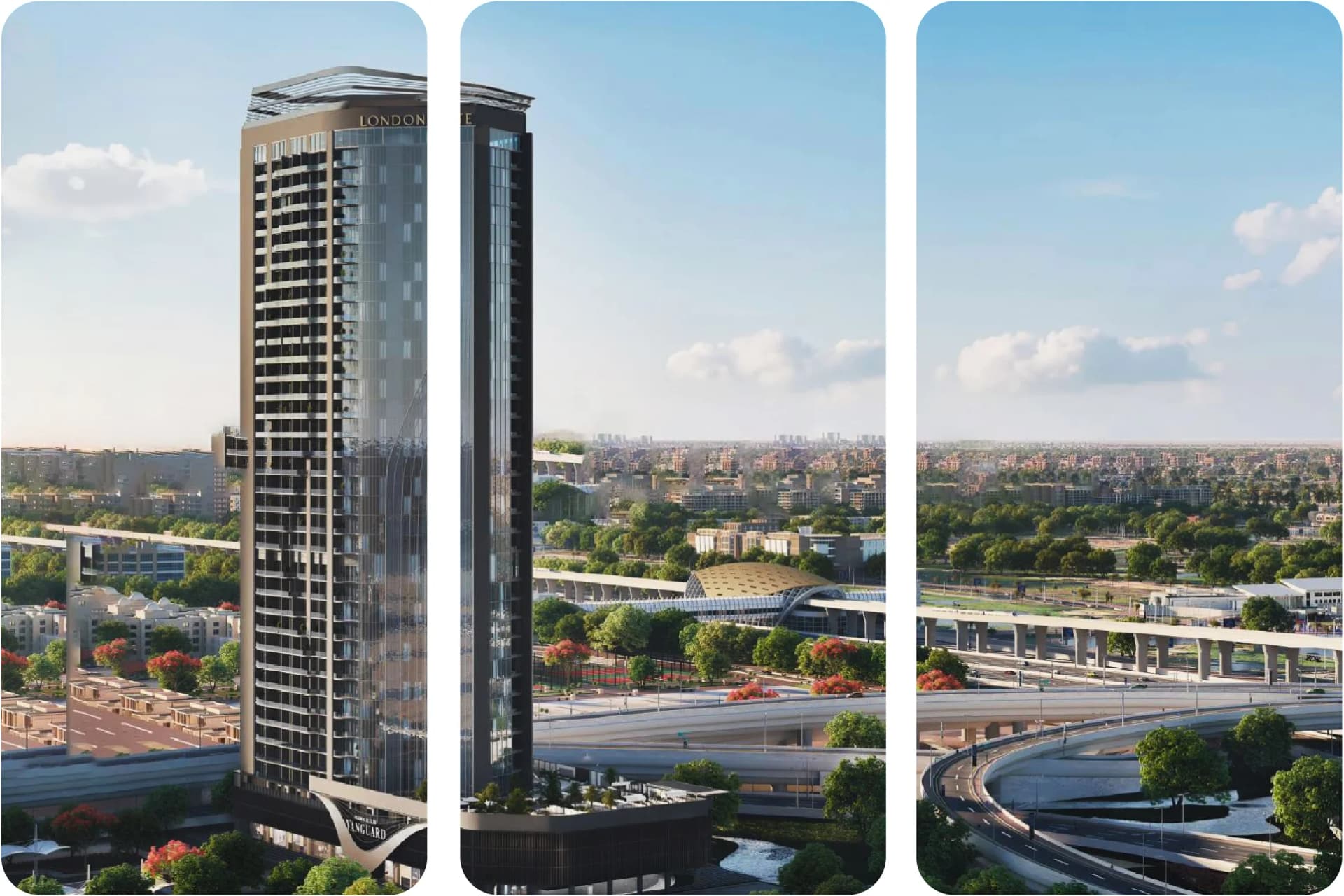 ناطحات سحاب فاخرة، تصميم عصري، إطلالات خلابة على الواجهة البحرية.