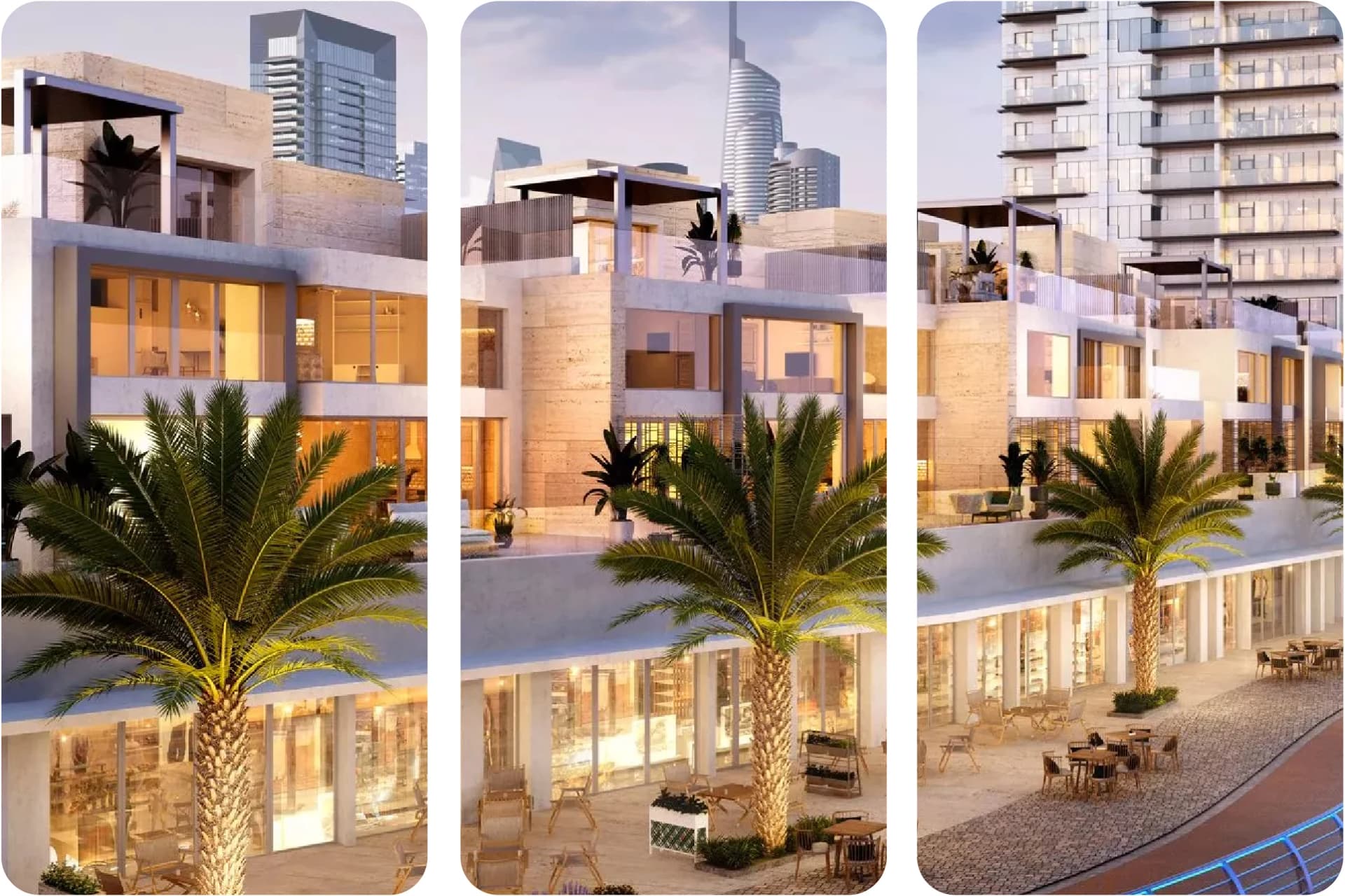 مجمع إعمار السكني ليلاً مع أضواء المدينة المتلألئة