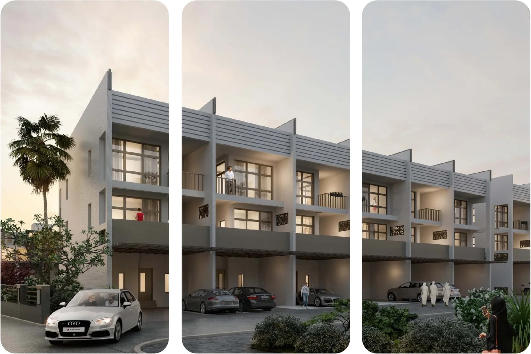 Modern residential building with balconies and trees