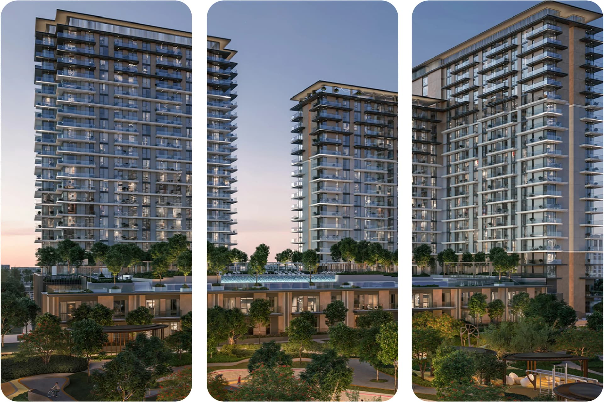 Residential complex with high-rise buildings and gardens