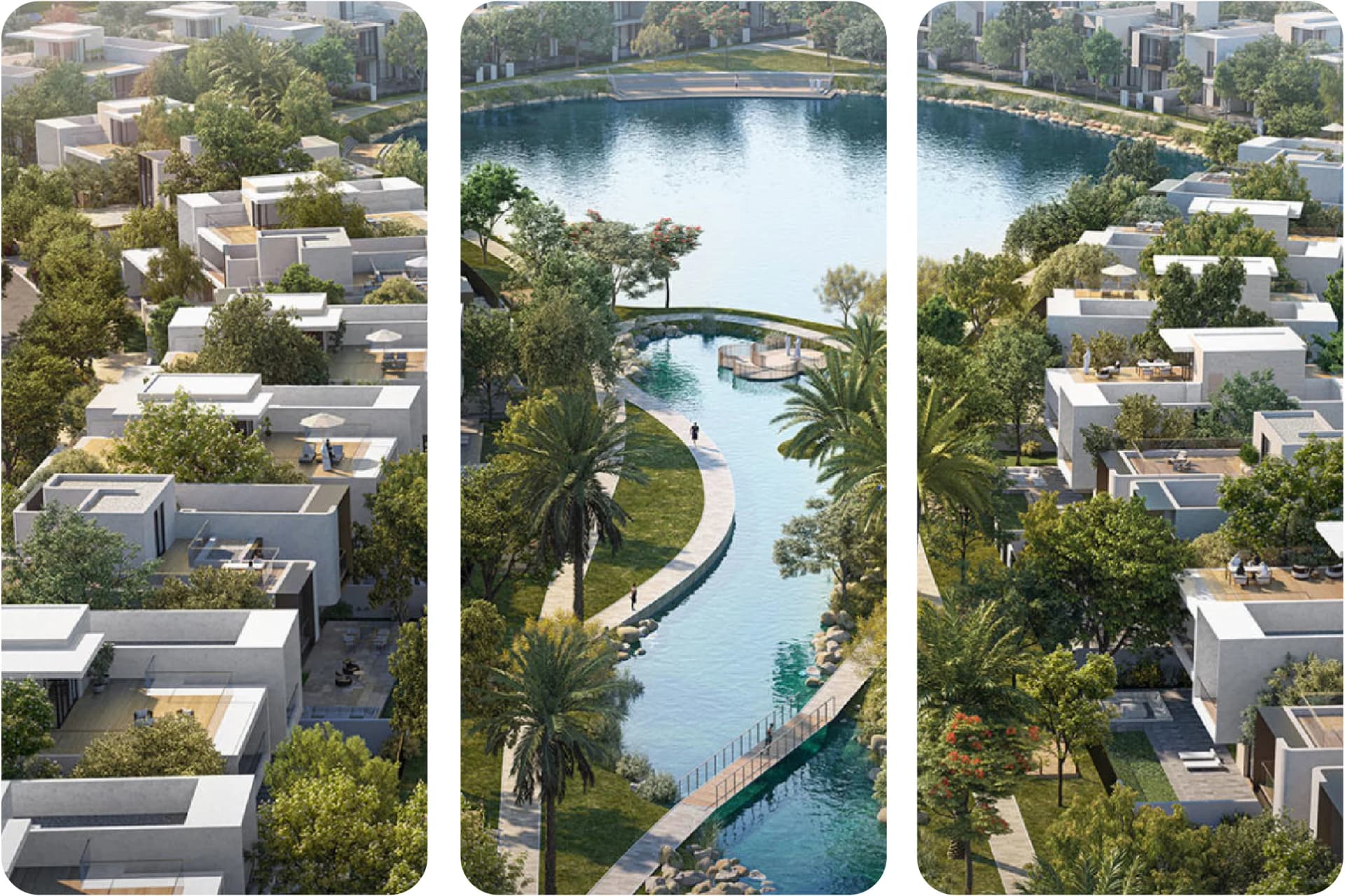 Nighttime view of luxurious residential complex with pools