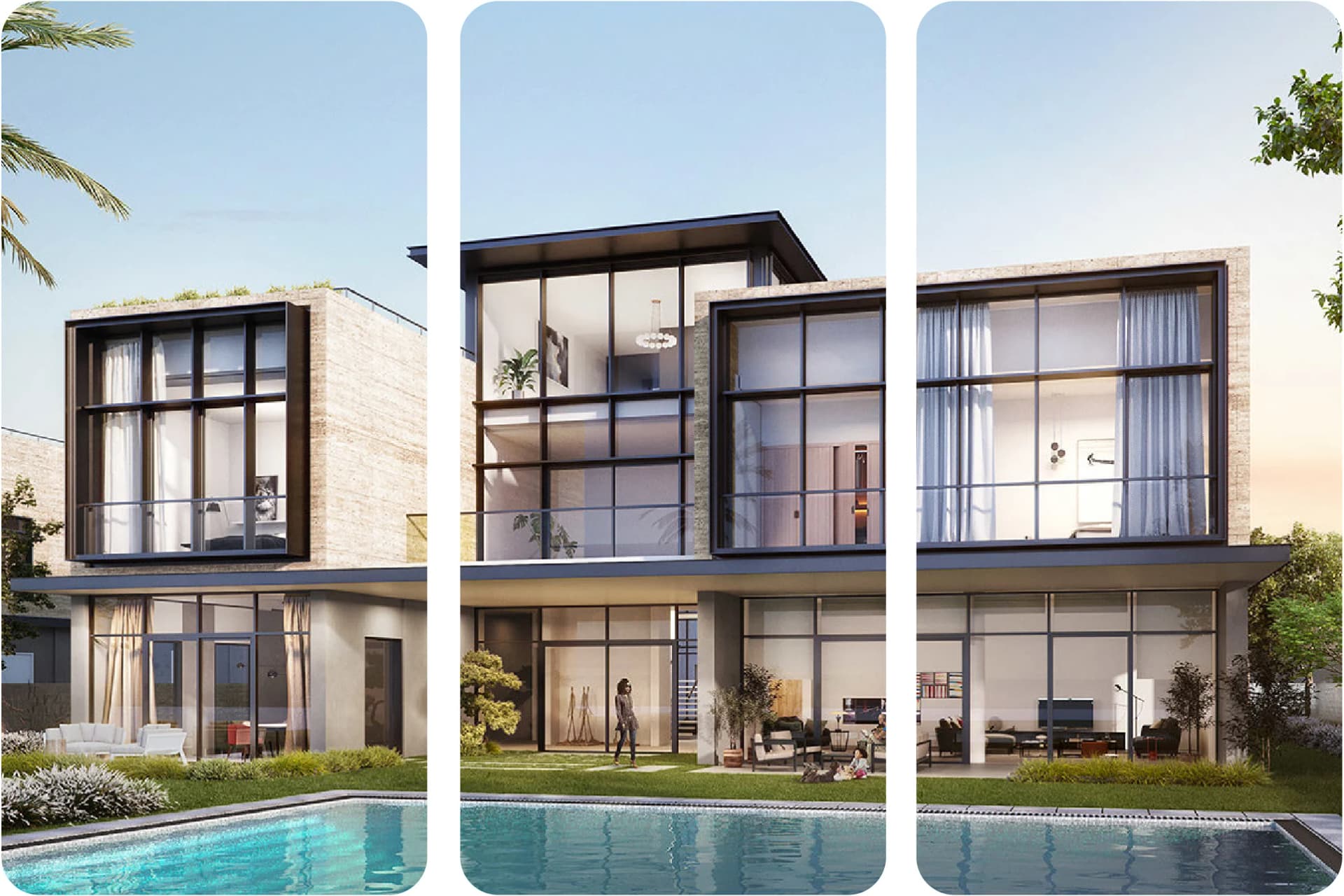 Modern residential complex with green landscaping and people