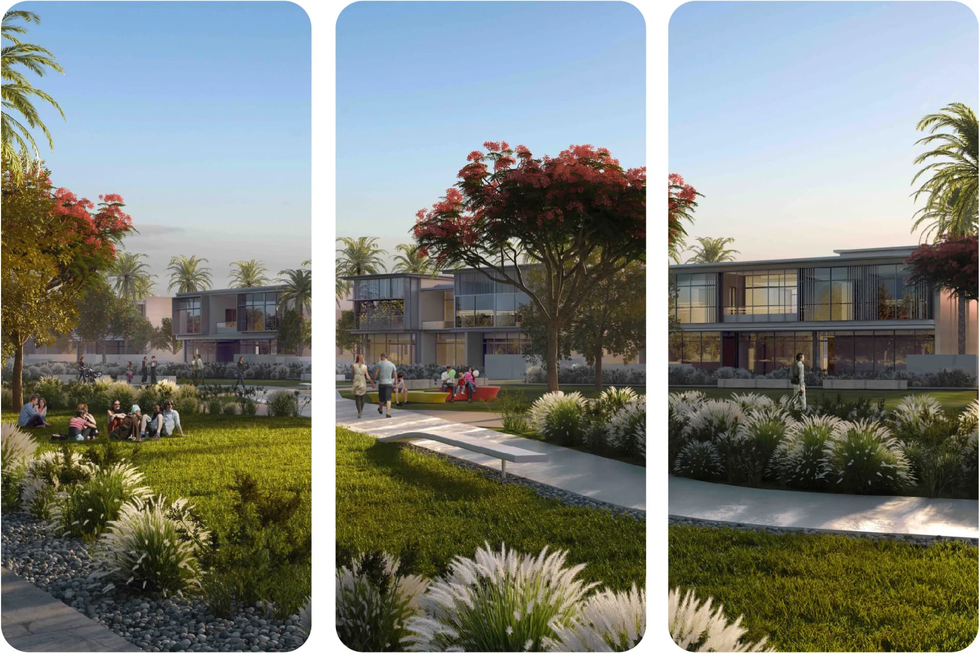 Modern residential complex with green landscaping and people