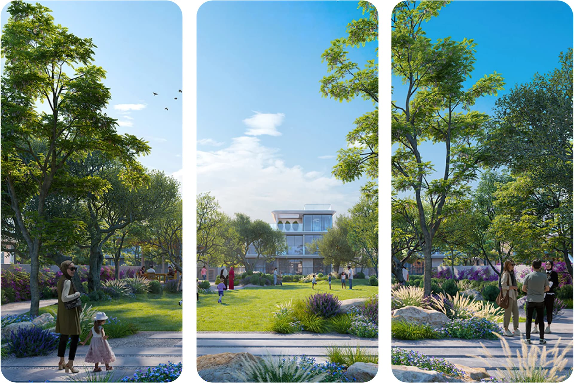 Modern residential complex with tall buildings and green spaces