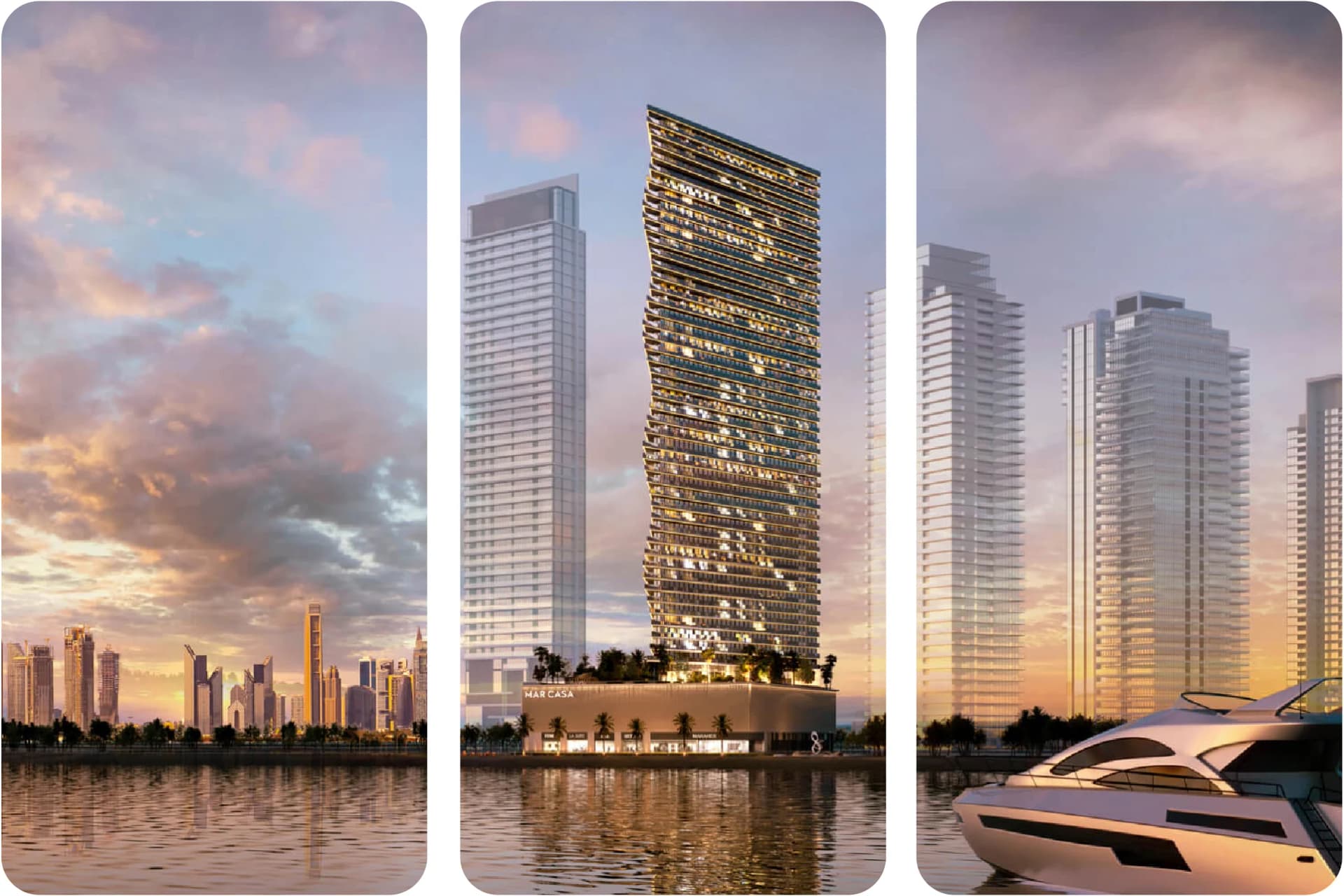 إطلالة الواجهة البحرية لمشروع AR CASA من ديار عند الغسق