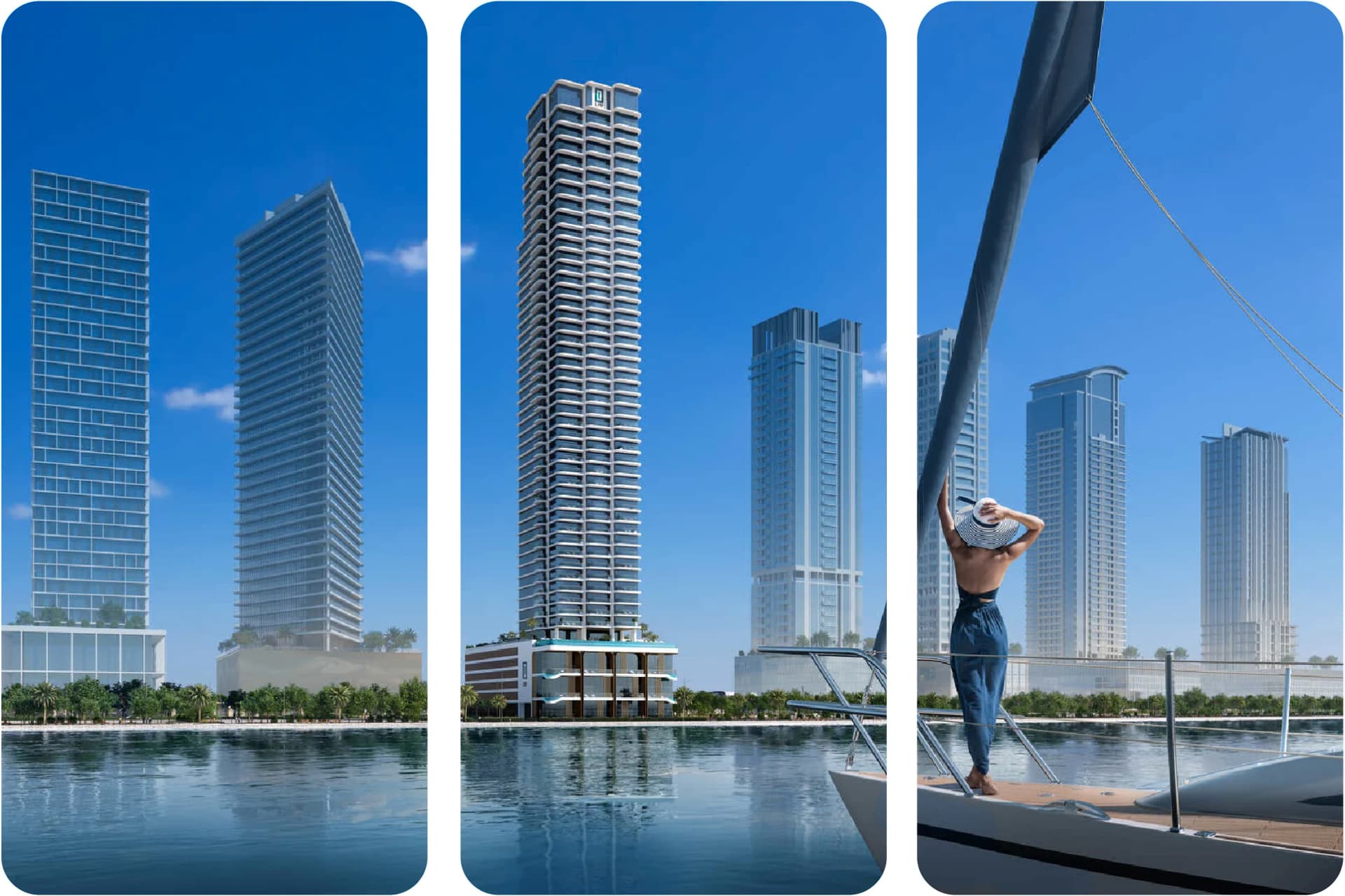 إطلالة على الواجهة البحرية لناطحات السحاب الحديثة في دبي عند الغسق