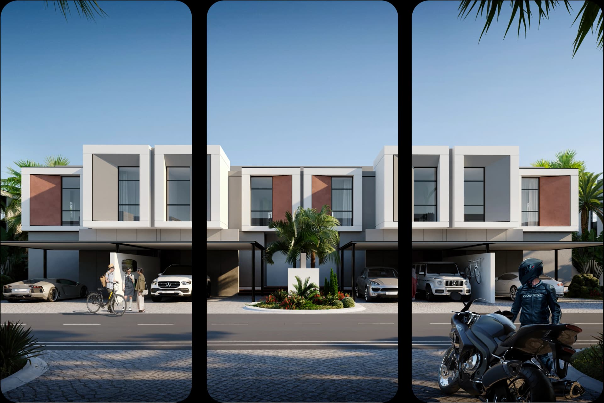 Modern residential buildings with garden and parking