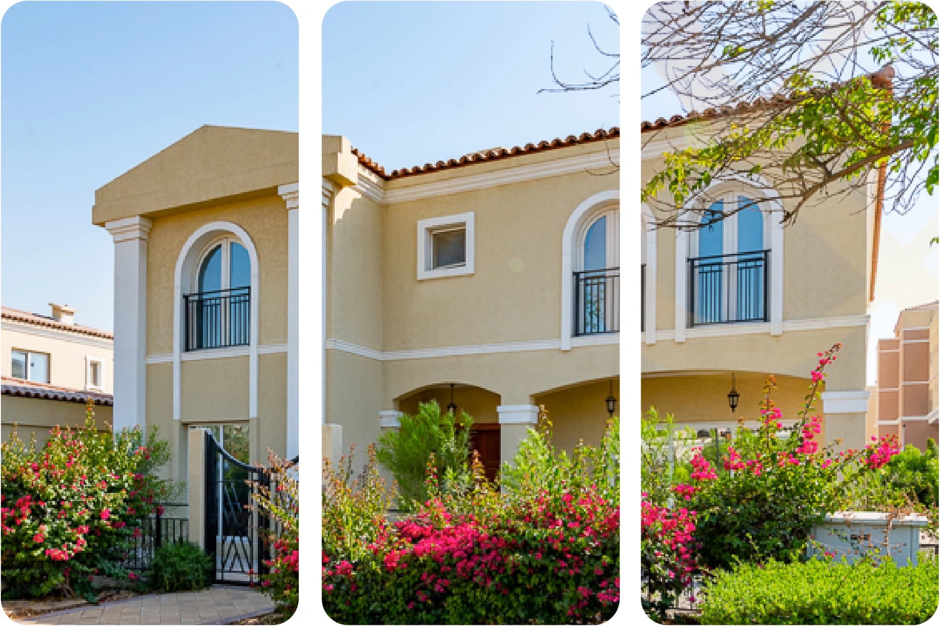 الواجهة الخارجية للفيلا مع ممرات الحديقة والزهور المتفتحة