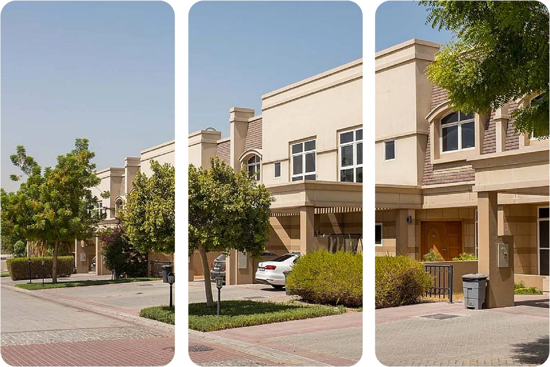 تصطف منازل التاون هاوس الحديثة على جانب شارع ضاحي معبّد