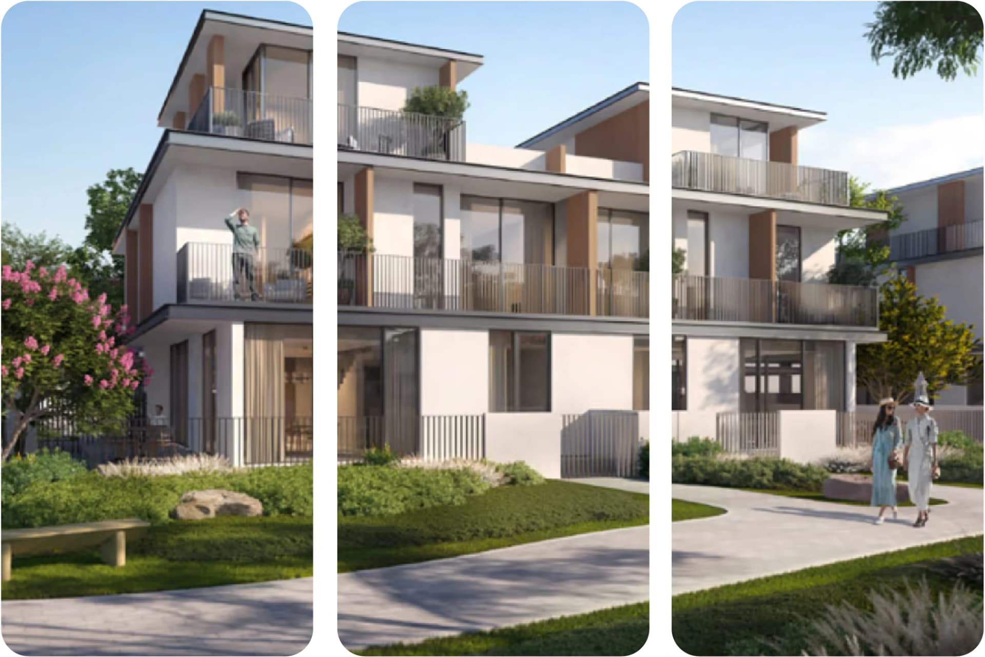 منظر جوي لمجتمع سكني يضم مسابح ونوافير وحدائق