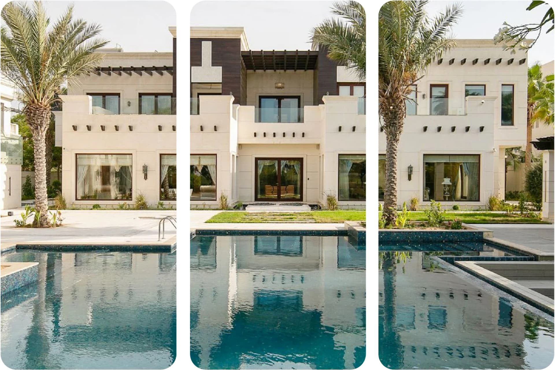 Luxurious mansion with driveway, palm trees, garden