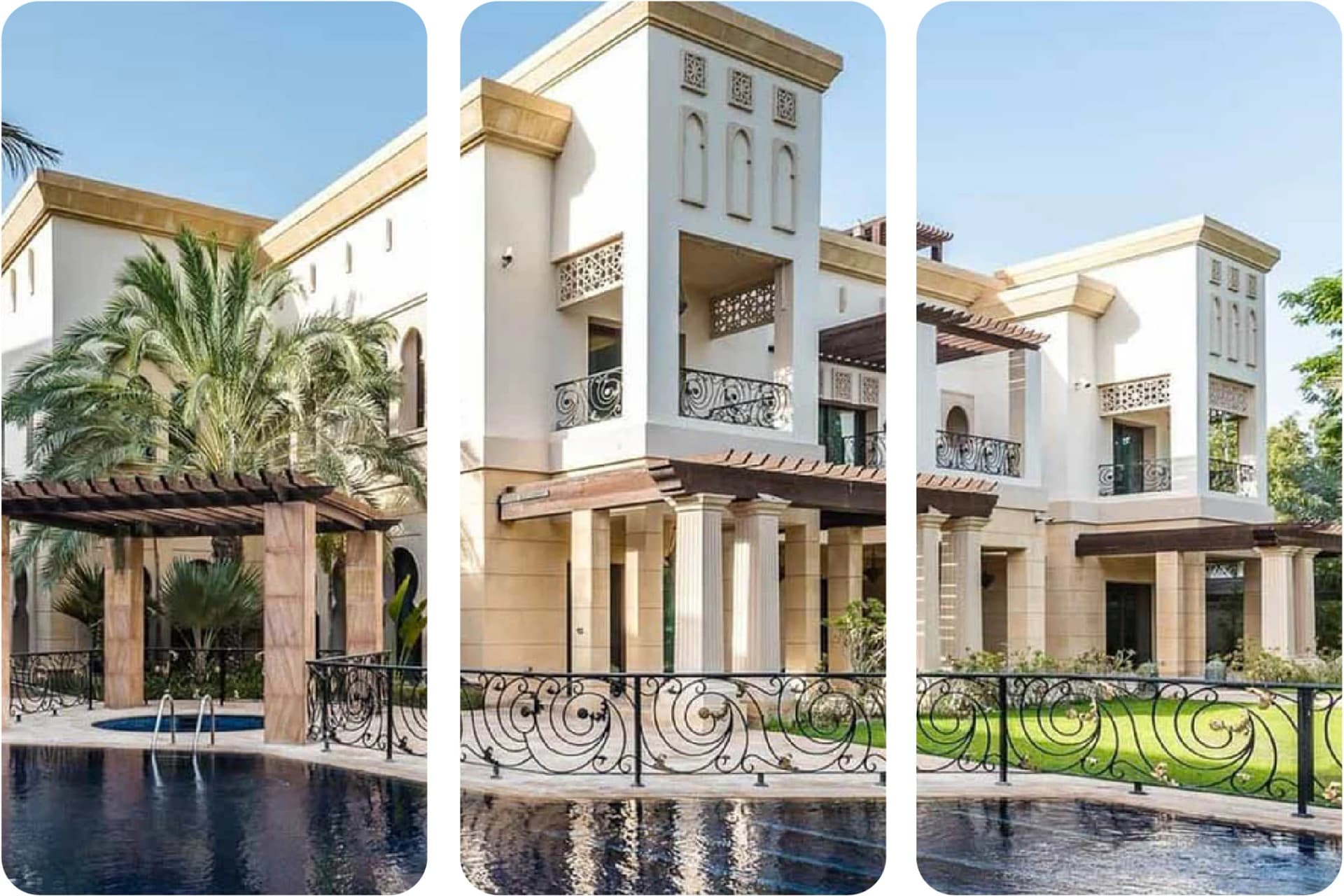 Luxurious mansion with driveway, palm trees, and garden
