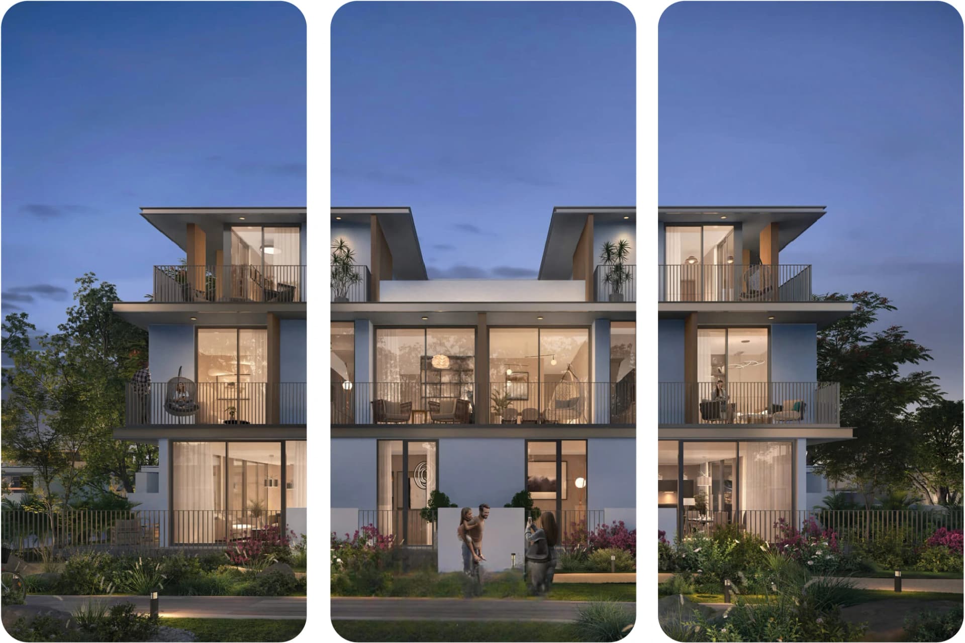 منظر جوي لمجتمع يضم مسابح ونوافير وحدائق