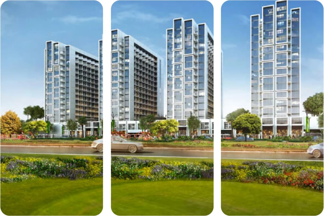Luxury high-rise with LED accents and scenic backdrop