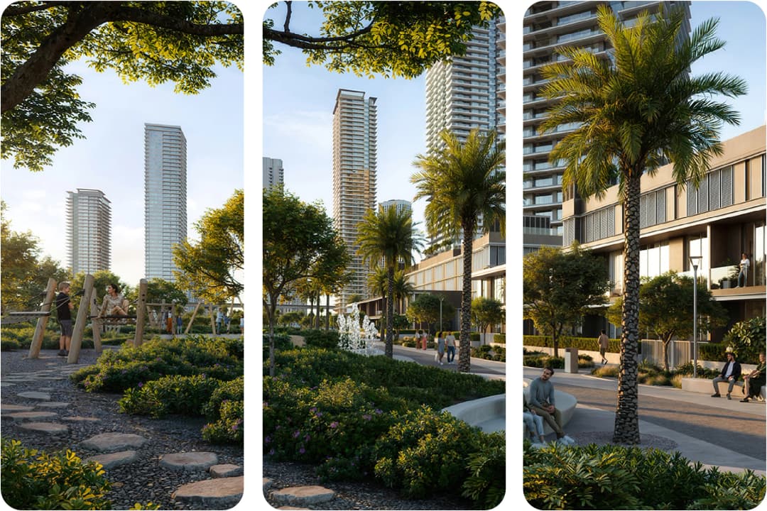 ناطحة سحاب حديثة مع أشجار النخيل عند غروب الشمس