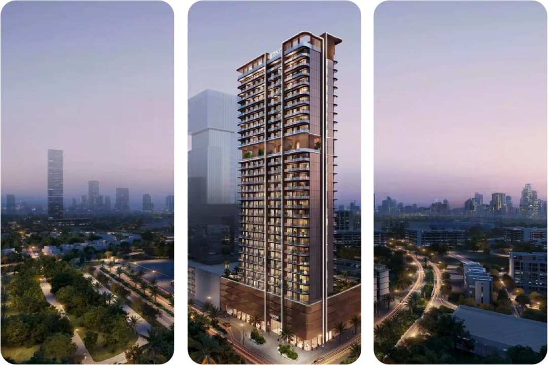 Modern residential building with city views and palm trees