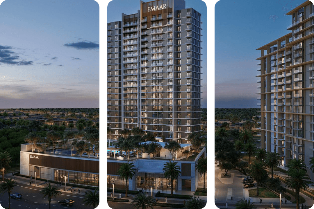 Modern residential building with balconies and greenery