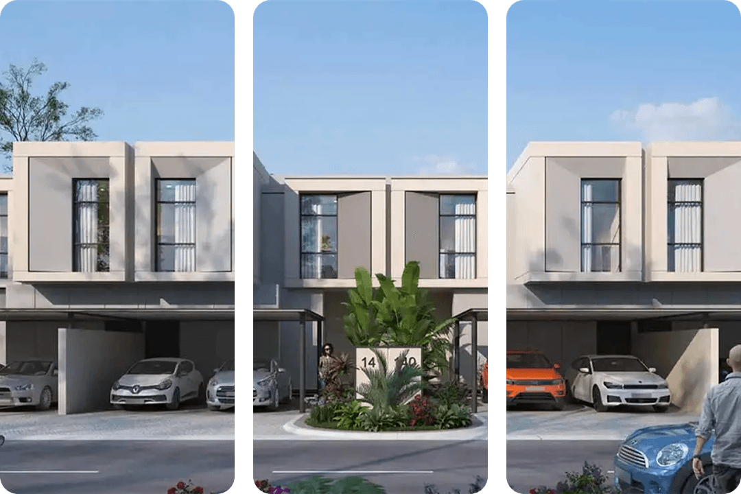 Modern residential buildings with central garden and parking