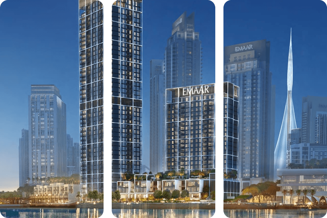 أبراج إعمار الواجهة البحرية عند الغسق، تنعكس في الماء