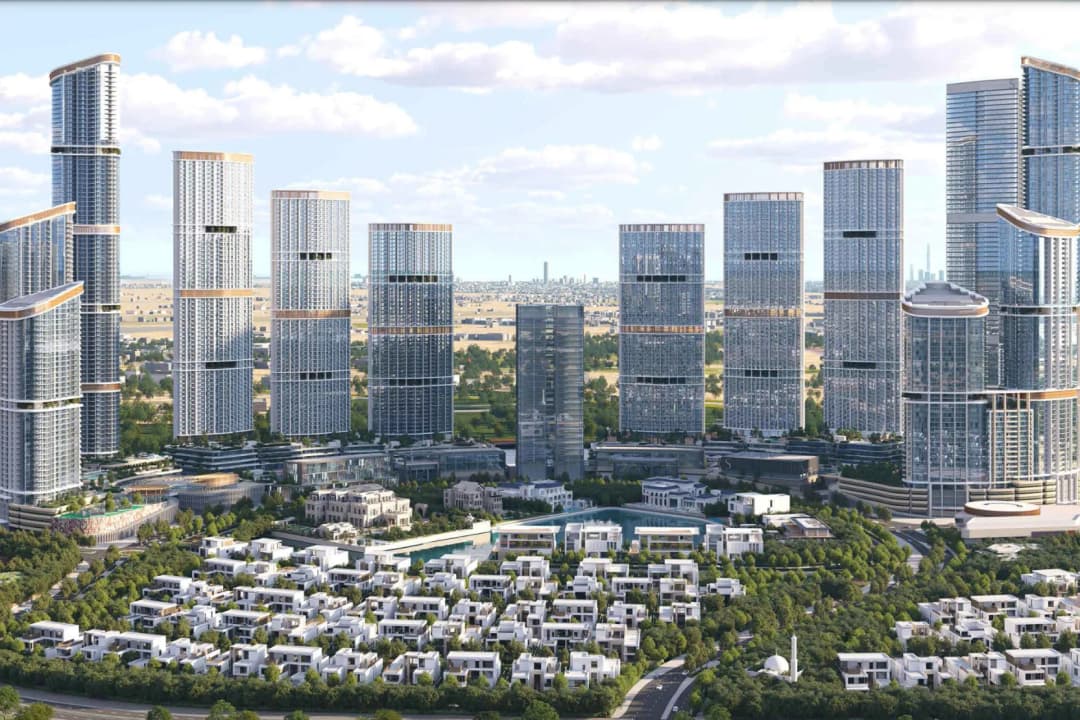 Modern cityscape with skyscrapers and villas.