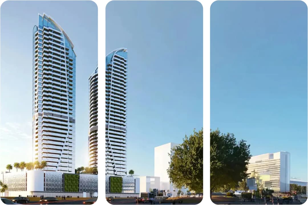 Twin towers with glass facades and clear sky