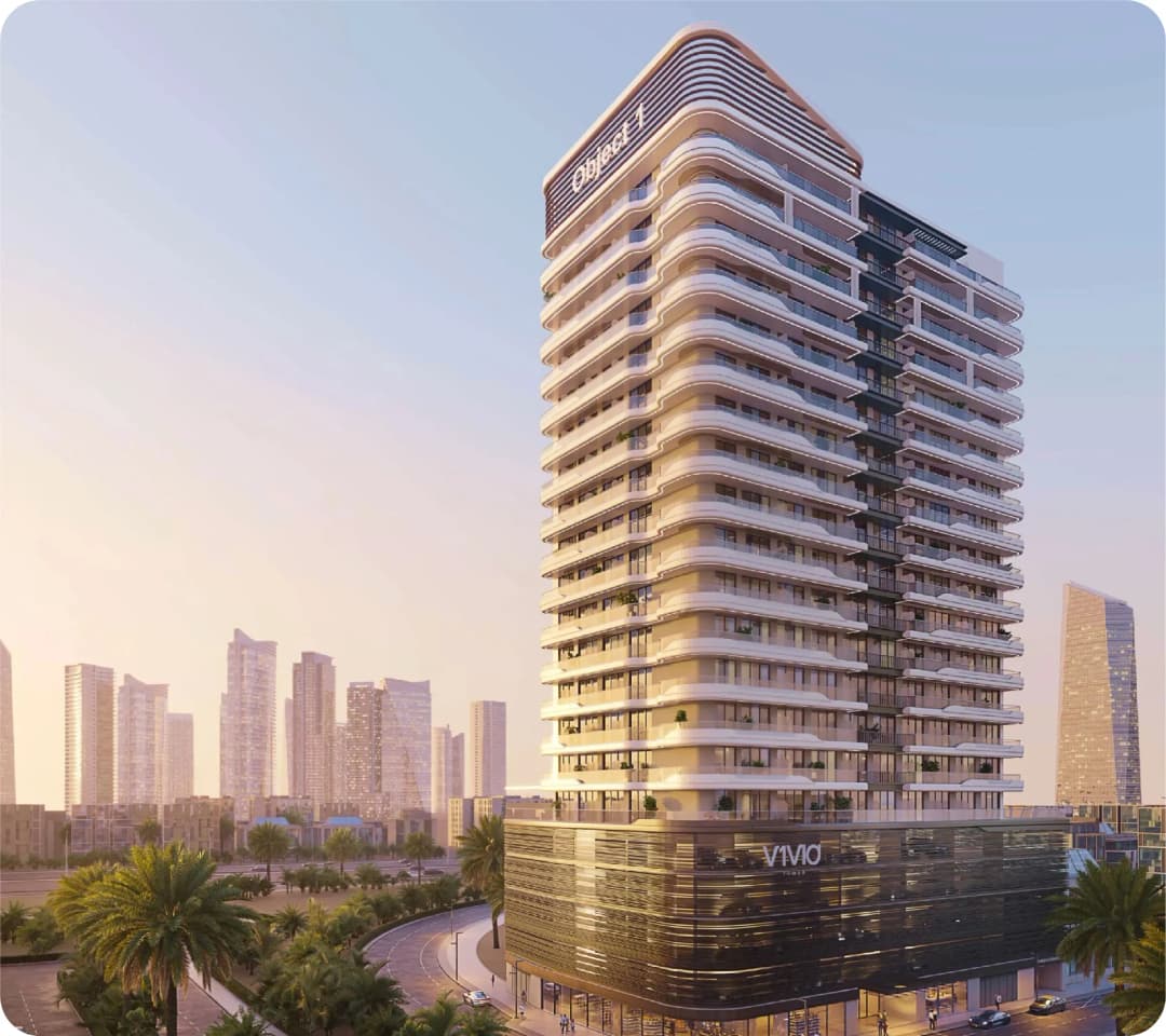 Modern residential tower with city skyline view