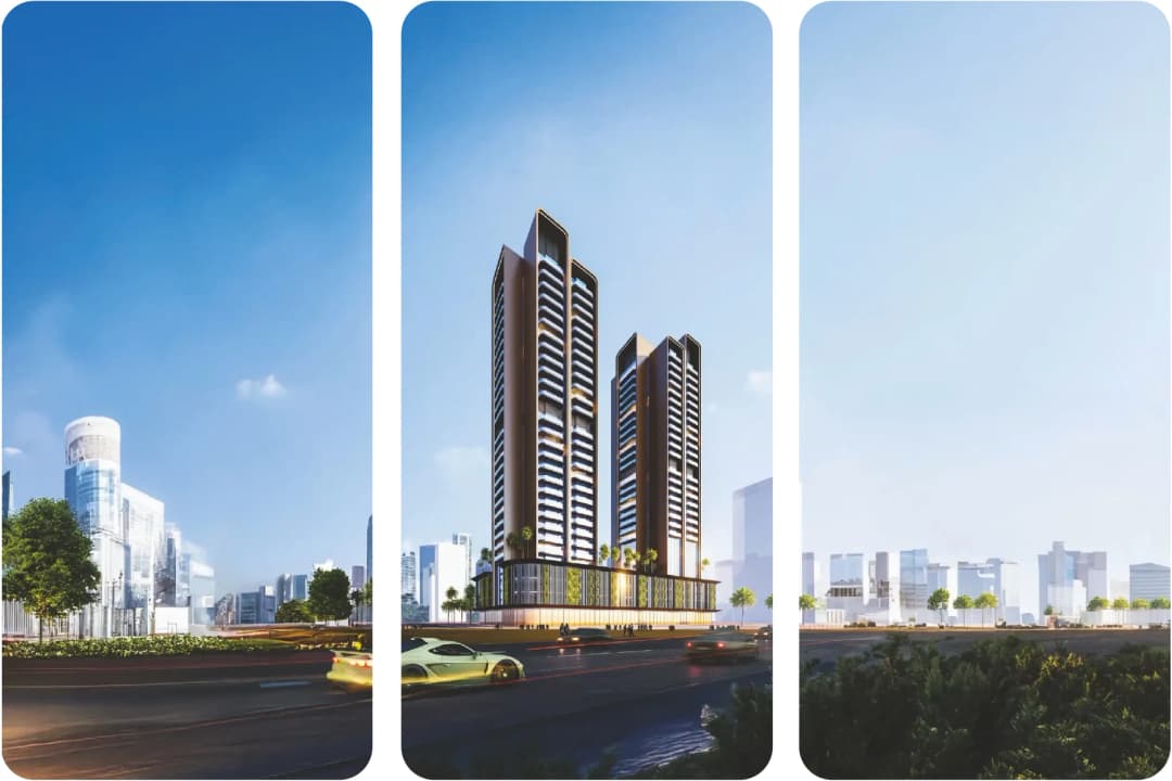 Aerial view of contemporary residential towers with a city backdrop