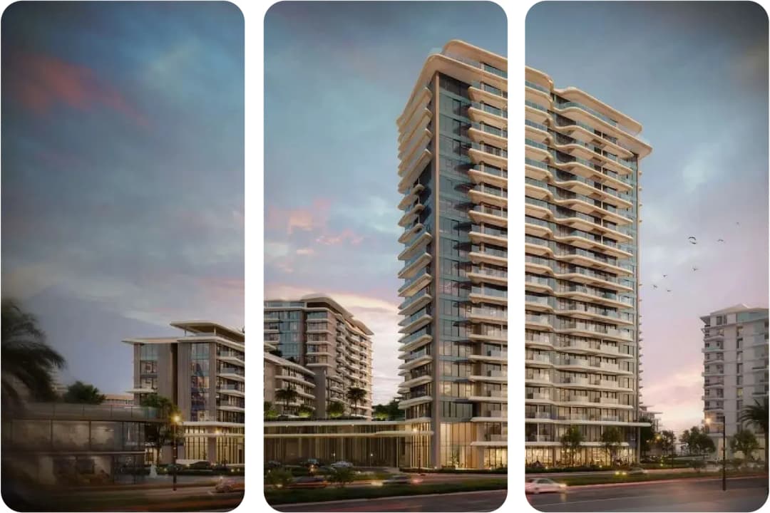 Contemporary apartment buildings with scenic sunset backdrop