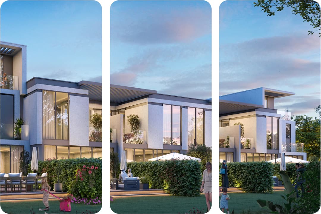 Modern family villas with gardens and outdoor seating