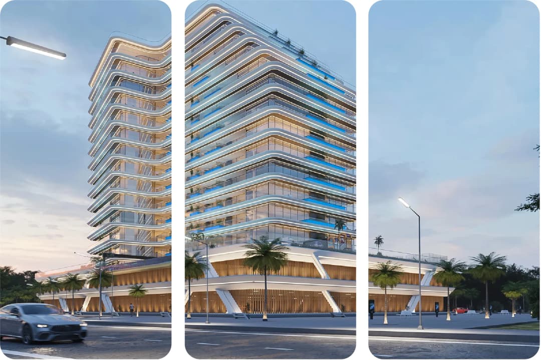 مبنى شاهق حديث مع أشجار النخيل