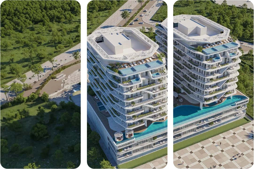 لقطة مقرّبة لمبنى عصري مع أشجار النخيل