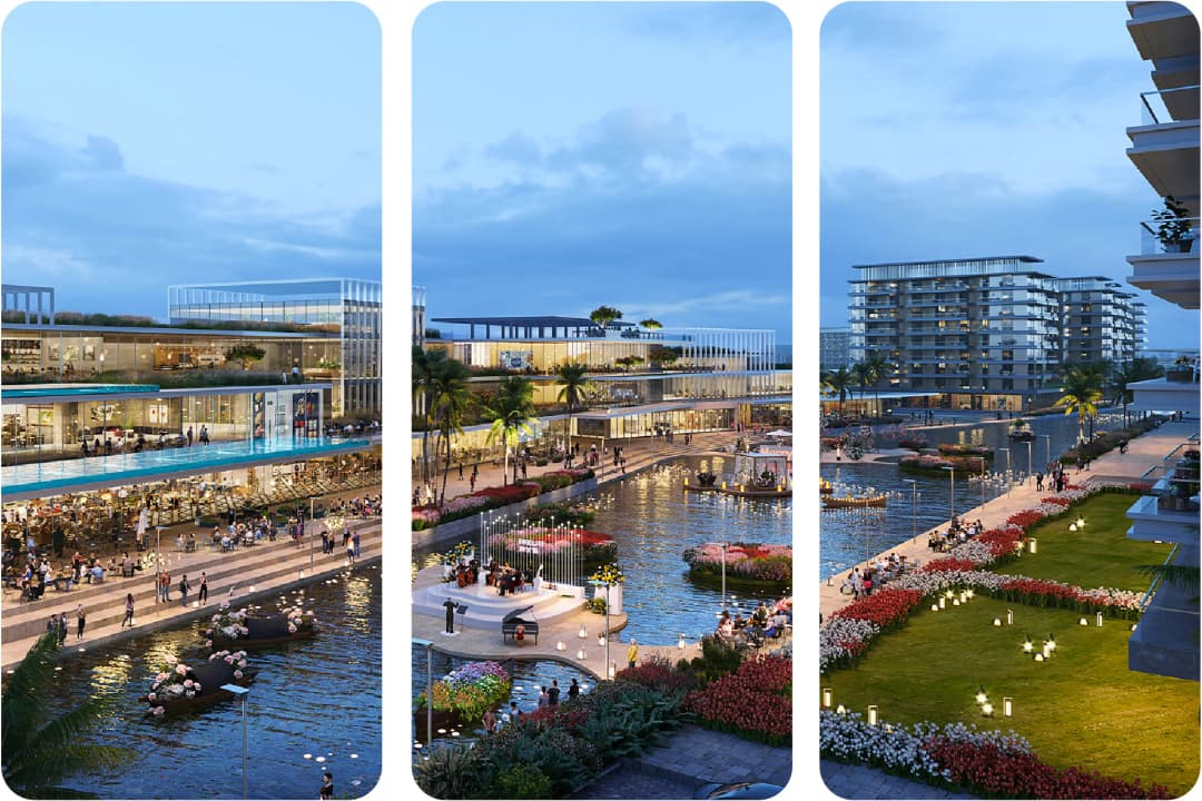 Contemporary building with rooftop pool and retail space