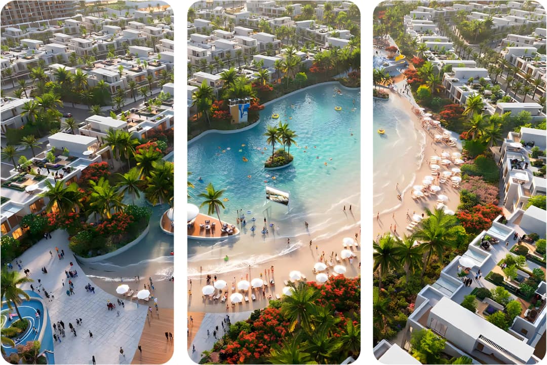 Beachfront view with palm trees, villas, and water