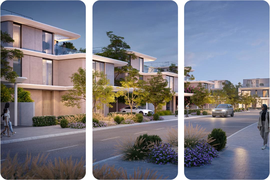 Exterior of modern residential complex with green space