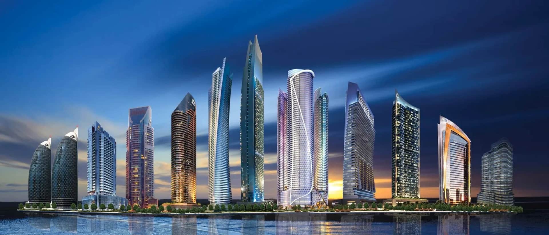 A dramatic view of a city skyline with numerous skyscrapers at dusk