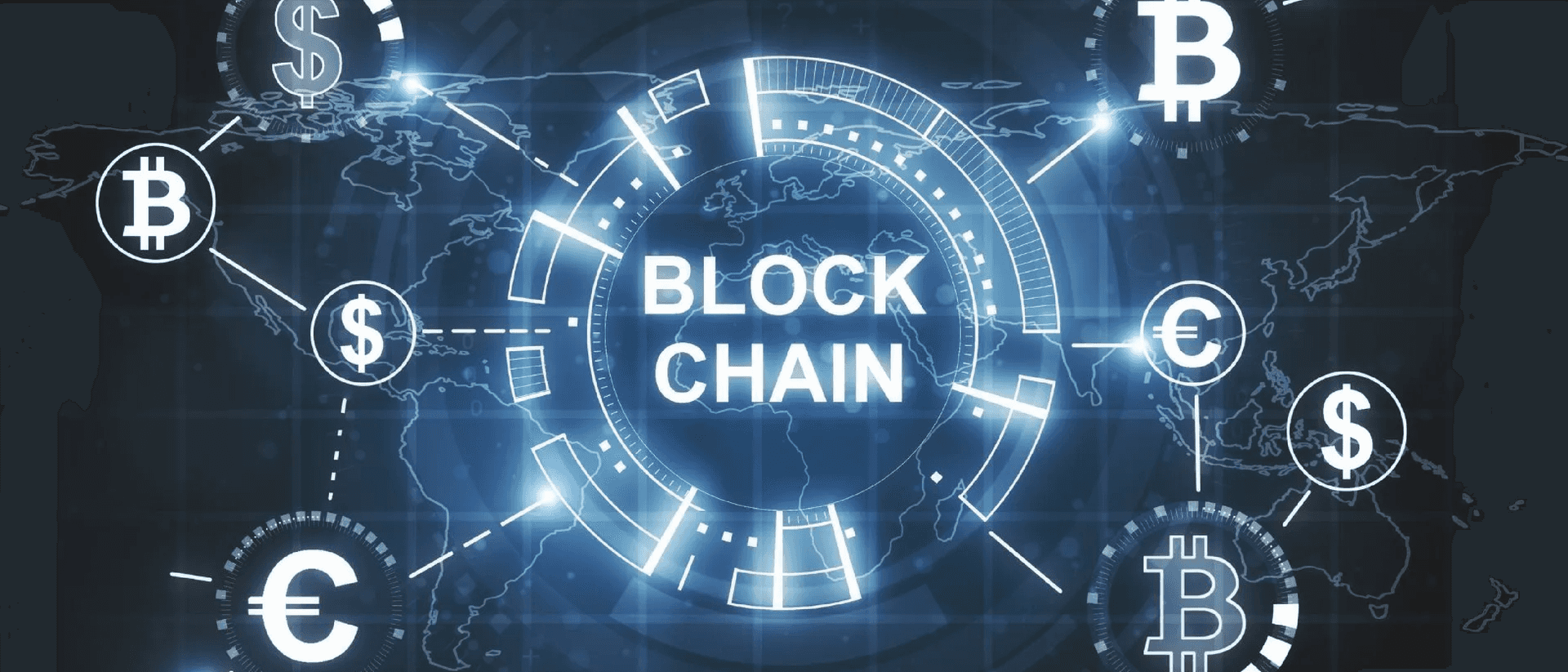 Digital blockchain network with currency symbols on a world map