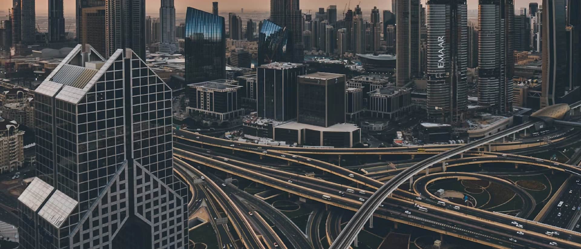 Elevated view of Dubai's urban landscape and highway system