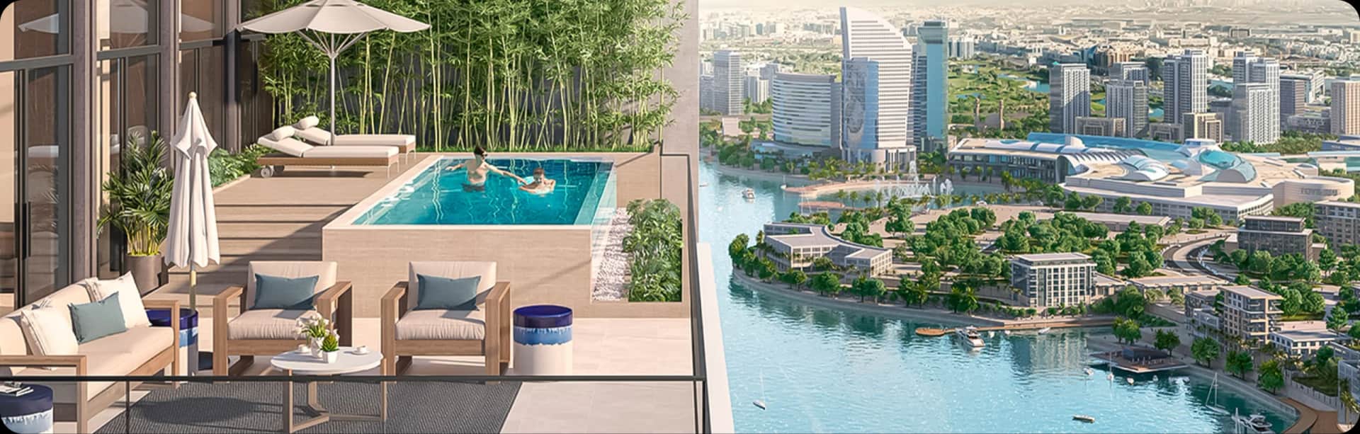 Composite image: rooftop pool with swimmers and city view