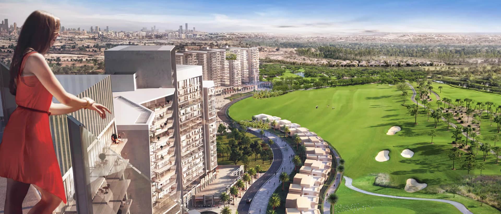 Woman on a balcony overlooking a golf course and city