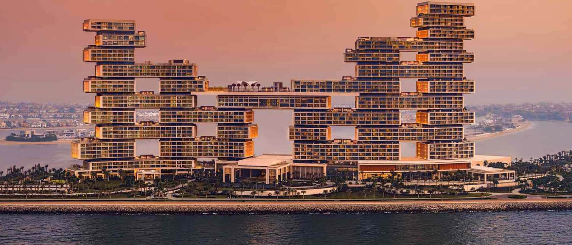The unique architecture of Atlantis The Royal, Dubai, at sunset