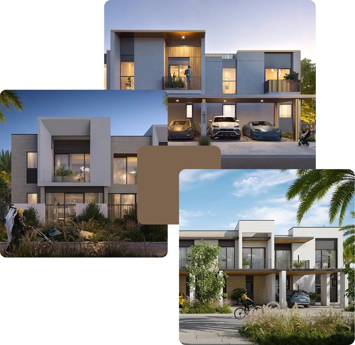 Modern residential villas with carports and evening lighting
