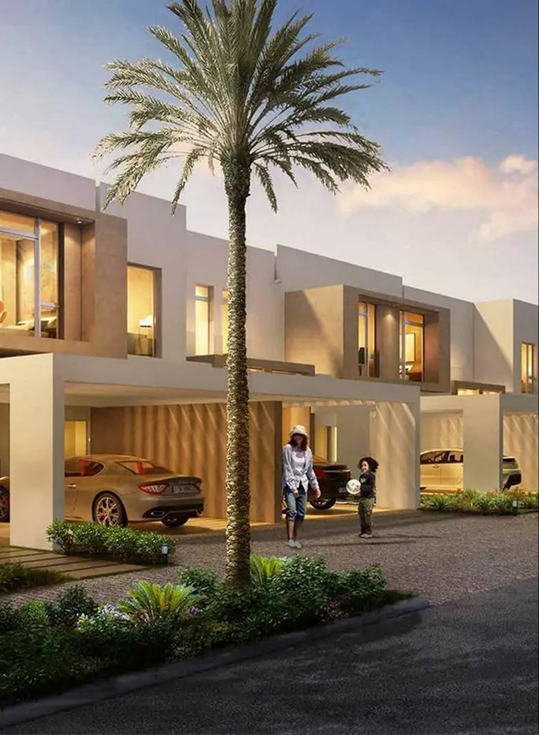 Family walks by villa with palm tree and parked cars