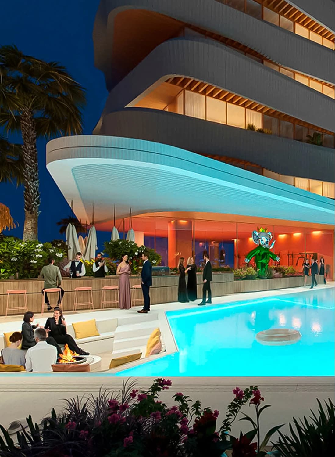 Night view of luxurious poolside with neon lights and guests