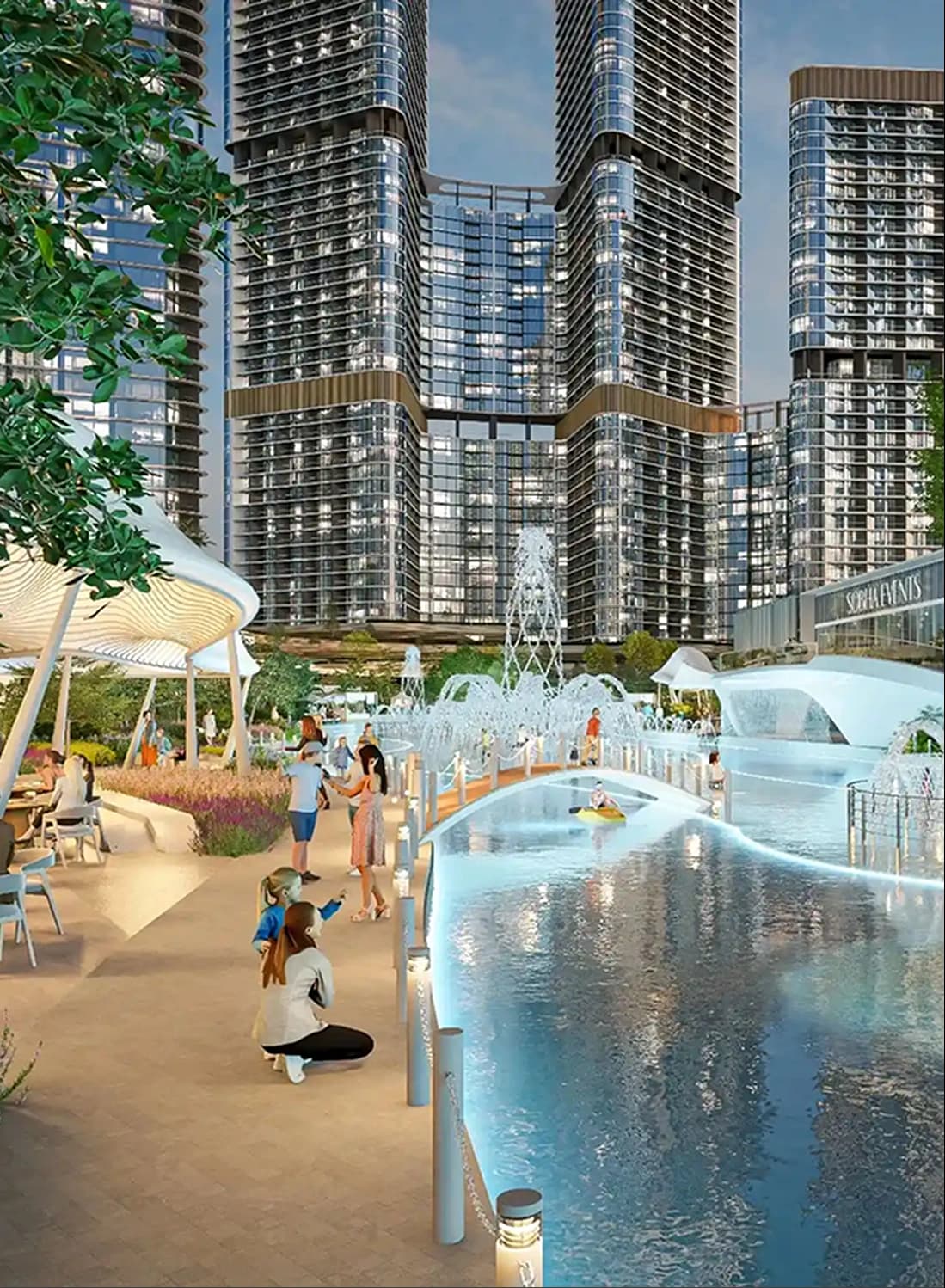 Futuristic city with glass towers, water feature, and people