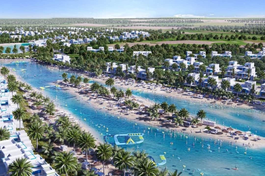 Vibrant beach resort with palm trees and clear water