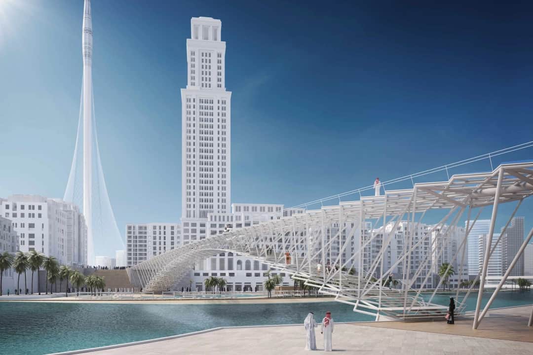 مدينة حديثة بجسر مستقبلي وبرج طويل